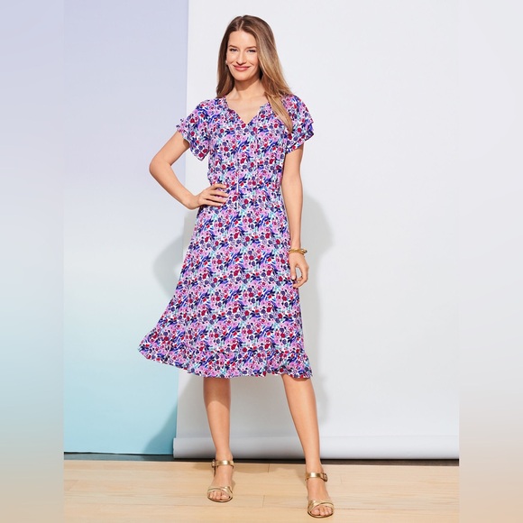 Talbots PARADISE FLORAL POPOVER DRESS Elastic Waist Size 8 Petite - Picture 1 of 8